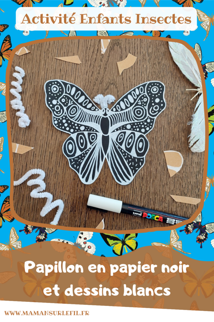 Activité créative et manuelle enfants - Décorer des papillons en carton et en papier noir avec des dessins et des graphismes blancs - Récup, recyclage, surcyclage - Découpage, bricolage, dessin libre, travail et découverte de la symétrie - Poétique et délicat - Décoration - Bricolage facile et rapide pour le printemps ou un thème sur les insectes - Arts visuels Maternelle et élémentaire - Créativité - Cycle 1 ou 2 - travail autour de la symétrie possible - tutoriel photos - mslf