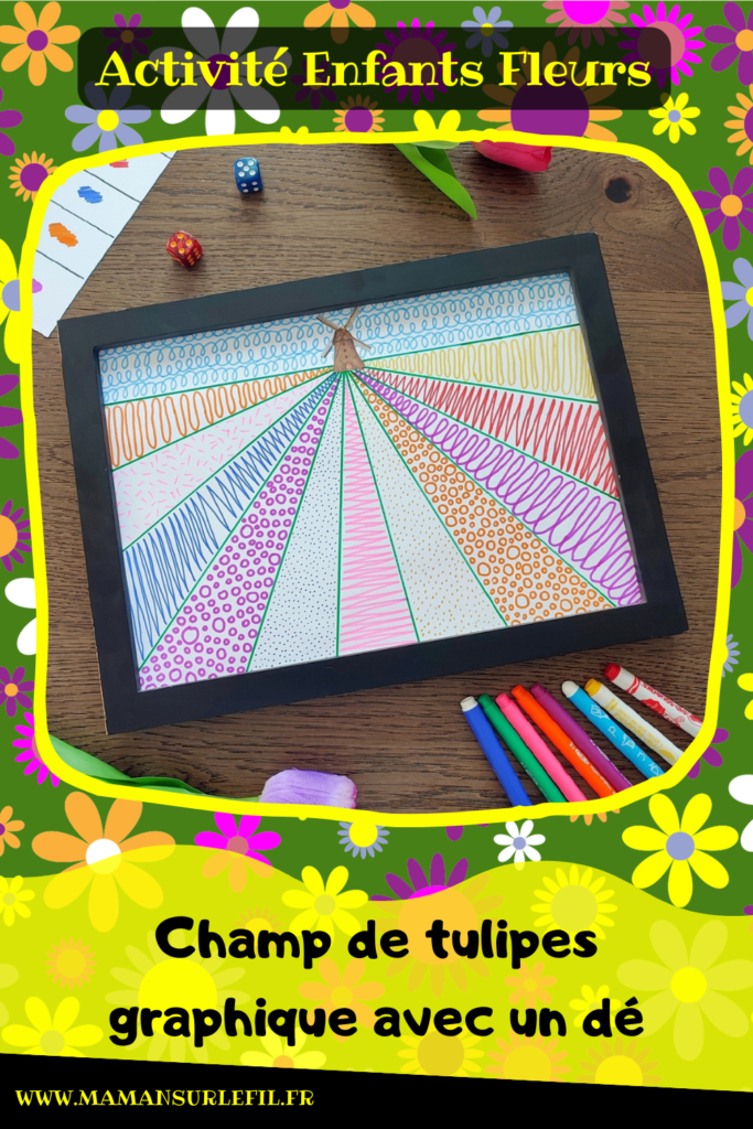 Dessiner un champ de tulipes graphique au dé : une activité créative et manuelle enfants - Champ de tulipes hollandais dessiné avec des graphismes dont la couleur et la forme sont imposées par un lancer de dé - Ecriture et moulin - Champ de fleurs - Parfait pour le printemps ou un thème sur les pays-bas - Créativité - Europe - Pays-Bas, Hollande, Néerlandais - Découverte d'un pays - Espace et géographie - arts visuels et atelier Cycle 1 ou 2 - Maternelle - mslf