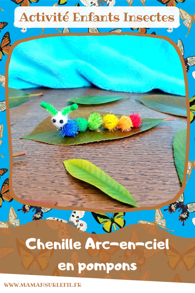 Fabriquer des chenilles en pompons : une activité créative et manuelle pour les enfants - Land art et collage - Chenilles multicolore, arc-en-ciel et blanche sur leur feuille - Bricolage mignon, facile et rapide DIY et fait maison - Nature - Décoration - Pour le printemps ou un thème sur les insectes ou les papillons - Arts visuels Maternelle et élémentaire - Créativité - Cycle 1 ou 2 - tutoriel photos - mslf