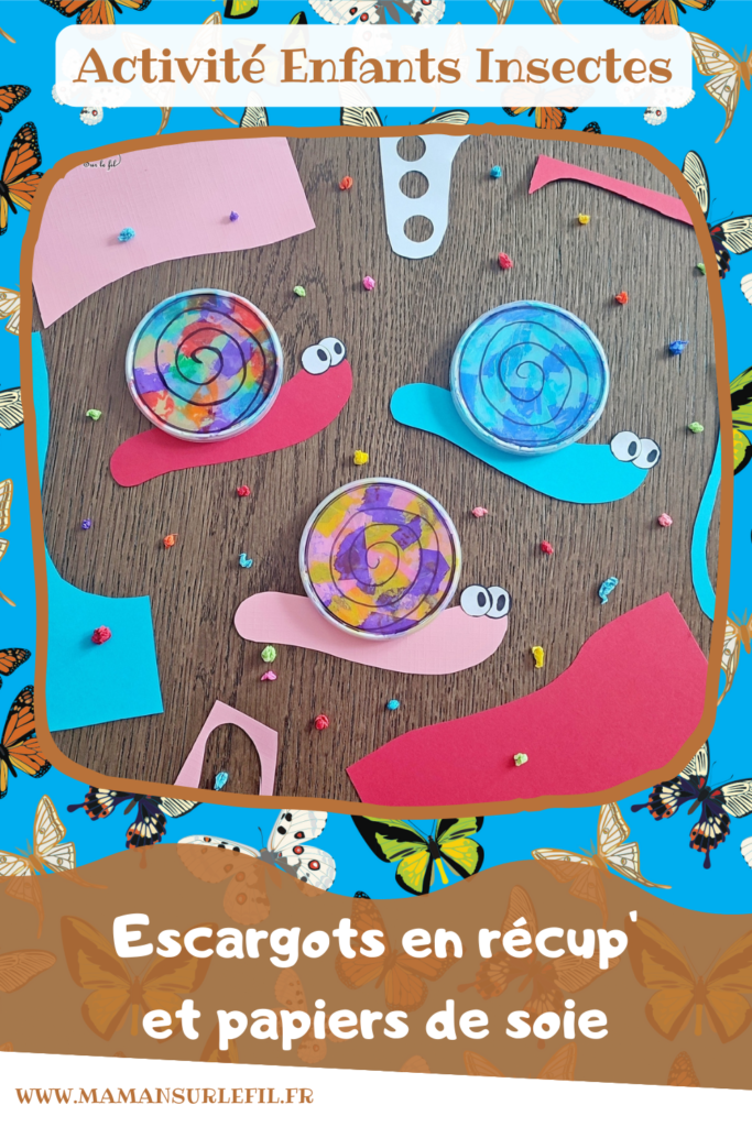 Activité créative et manuelle enfants - Fabriquer des escargots en récup' de bouchons de chips type Pringles et papiers de soie - Escargots colorés utilisables en attrape-soleil - Déchirage et collage de papier de soie - recyclage, surcyclage de couvercles de boites de chips et tuiles type Pringles - Dessin - Décoration - Bricolage facile et rapide pour le printemps ou un thème sur les insectes, petites bêtes et animaux - Arts visuels Maternelle et élémentaire - Créativité - Cycle 1 ou 2 - Tutoriel Photos - mslf