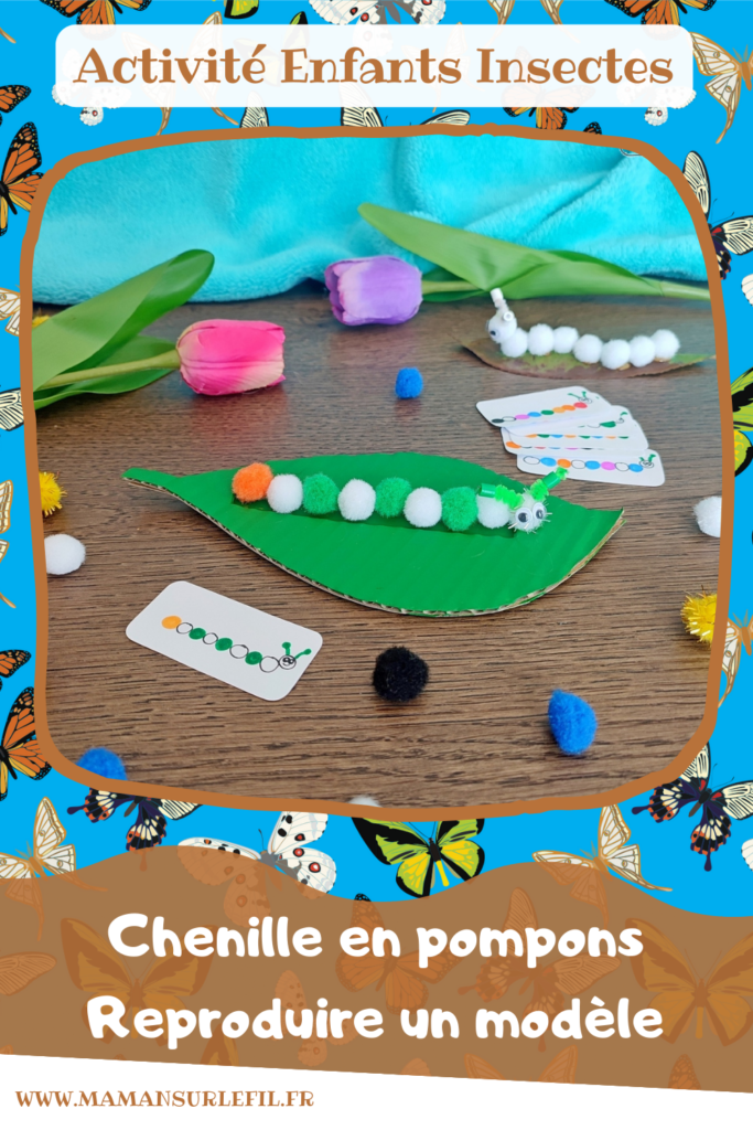 Chenille en pompons : un atelier de reproduction de modèles : une activité créative et manuelle pour les enfants - Atelier maternelle DIY : reproduis les modèles ou les algorithmes en posant les pompons - Bricolage mignon, facile et rapide DIY et fait maison - Récup' de carton et peinture - Décoration - Pour le printemps ou un thème sur les insectes ou les papillons - Arts visuels Maternelle et élémentaire - Créativité - Cycle 1 ou 2 - tutoriel photos - mslf