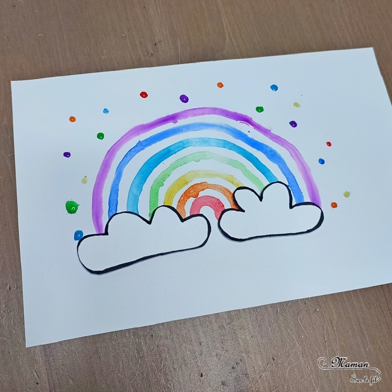 Activité créative, manuelle et peinture enfants - Cartes Arc-en-ciel en peinture et eau façon Aquarelle - Technique de peinture rigolote - Couleurs - Bricolage facile et rapide pour un thème sur la météo, le ciel, le printemps ou l'été - Arts visuels et atelier Maternelle et élémentaire - Créativité - Cycle 1 ou 2 - tutoriel photos et vidéos - mslf