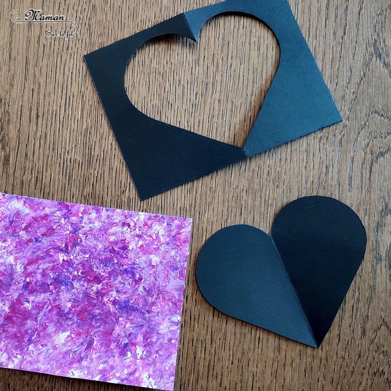 Créer des cartes symétriques Positif / Négatif : une activité créative et manuelle enfants - Technique de peinture avec un sac congélation et une bille pour le fond - Contraste couleurs et papier noir - Découpage et collage pour aborder la symétrie et la géométrie - Cadeau à offrir pour fête des mères, pères, grands-mères, parents... - Saint-valentin et coeurs - Animaux, insectes, papillons, fleurs, printemps - Bricolage facile et original pour le printemps ou un thème sur les fleurs - Arts visuels Maternelle et élémentaire - Créativité - Cycle 1 ou 2 - Tutoriel Photos - mslf