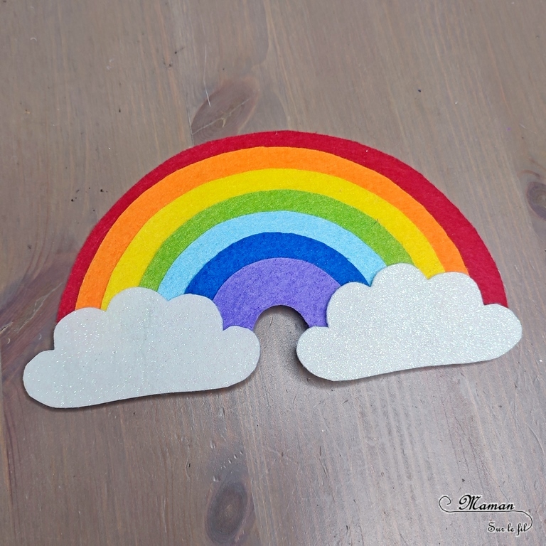 Activité créative, manuelle et pédagogique enfants - Puzzle Arc-en-ciel en feutrine - Association couleurs et / ou rangement par taille, logique - Couleurs - Nuages brillants - Cercles et compas - Découpage, jeu DIY - Bricolage facile et rapide pour un thème sur la météo, le ciel, le printemps ou l'été - Arts visuels et atelier Maternelle et élémentaire - Créativité - Cycle 1 ou 2 - tutoriel photos - mslf