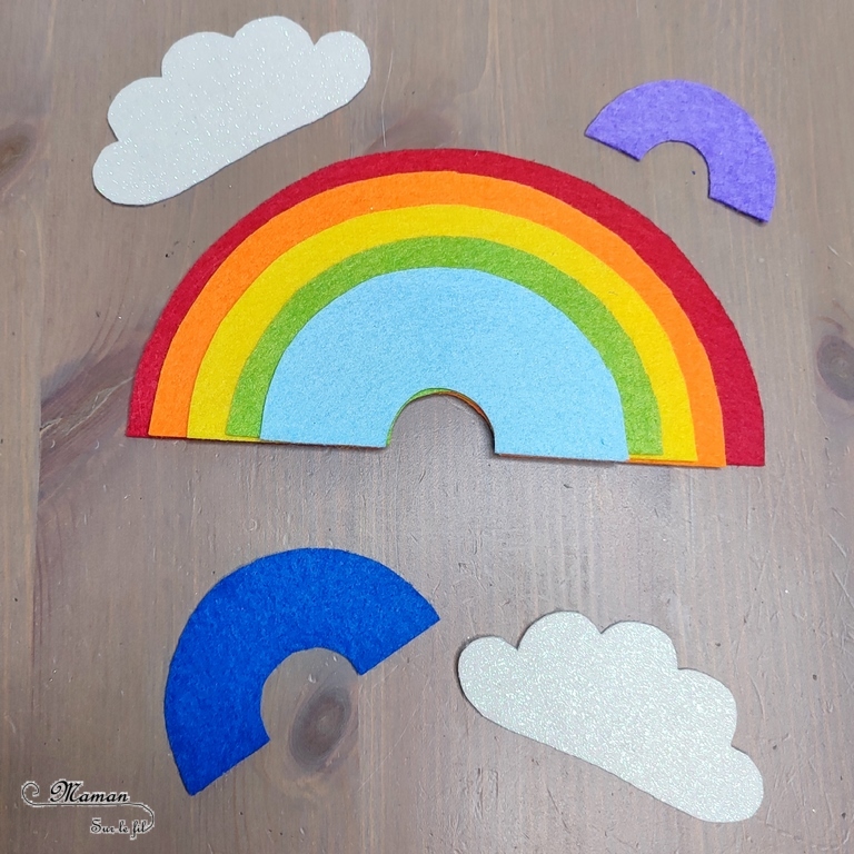 Activité créative, manuelle et pédagogique enfants - Puzzle Arc-en-ciel en feutrine - Association couleurs et / ou rangement par taille, logique - Couleurs - Nuages brillants - Cercles et compas - Découpage, jeu DIY - Bricolage facile et rapide pour un thème sur la météo, le ciel, le printemps ou l'été - Arts visuels et atelier Maternelle et élémentaire - Créativité - Cycle 1 ou 2 - tutoriel photos - mslf