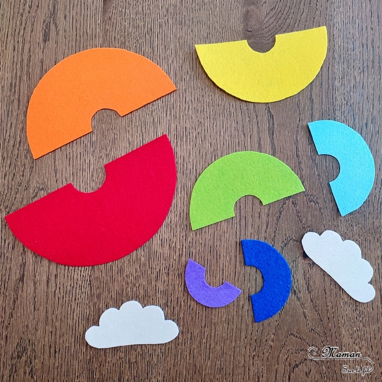 Activité créative, manuelle et pédagogique enfants - Puzzle Arc-en-ciel en feutrine - Association couleurs et / ou rangement par taille, logique - Couleurs - Nuages brillants - Cercles et compas - Découpage, jeu DIY - Bricolage facile et rapide pour un thème sur la météo, le ciel, le printemps ou l'été - Arts visuels et atelier Maternelle et élémentaire - Créativité - Cycle 1 ou 2 - tutoriel photos - mslf