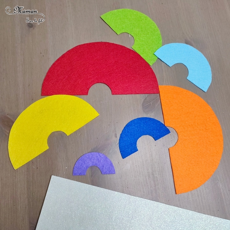 Activité créative, manuelle et pédagogique enfants - Puzzle Arc-en-ciel en feutrine - Association couleurs et / ou rangement par taille, logique - Couleurs - Nuages brillants - Cercles et compas - Découpage, jeu DIY - Bricolage facile et rapide pour un thème sur la météo, le ciel, le printemps ou l'été - Arts visuels et atelier Maternelle et élémentaire - Créativité - Cycle 1 ou 2 - tutoriel photos - mslf