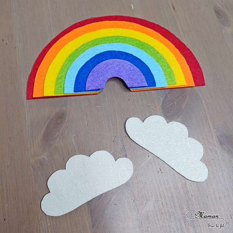 Activité créative, manuelle et pédagogique enfants - Puzzle Arc-en-ciel en feutrine - Association couleurs et / ou rangement par taille, logique - Couleurs - Nuages brillants - Cercles et compas - Découpage, jeu DIY - Bricolage facile et rapide pour un thème sur la météo, le ciel, le printemps ou l'été - Arts visuels et atelier Maternelle et élémentaire - Créativité - Cycle 1 ou 2 - tutoriel photos - mslf