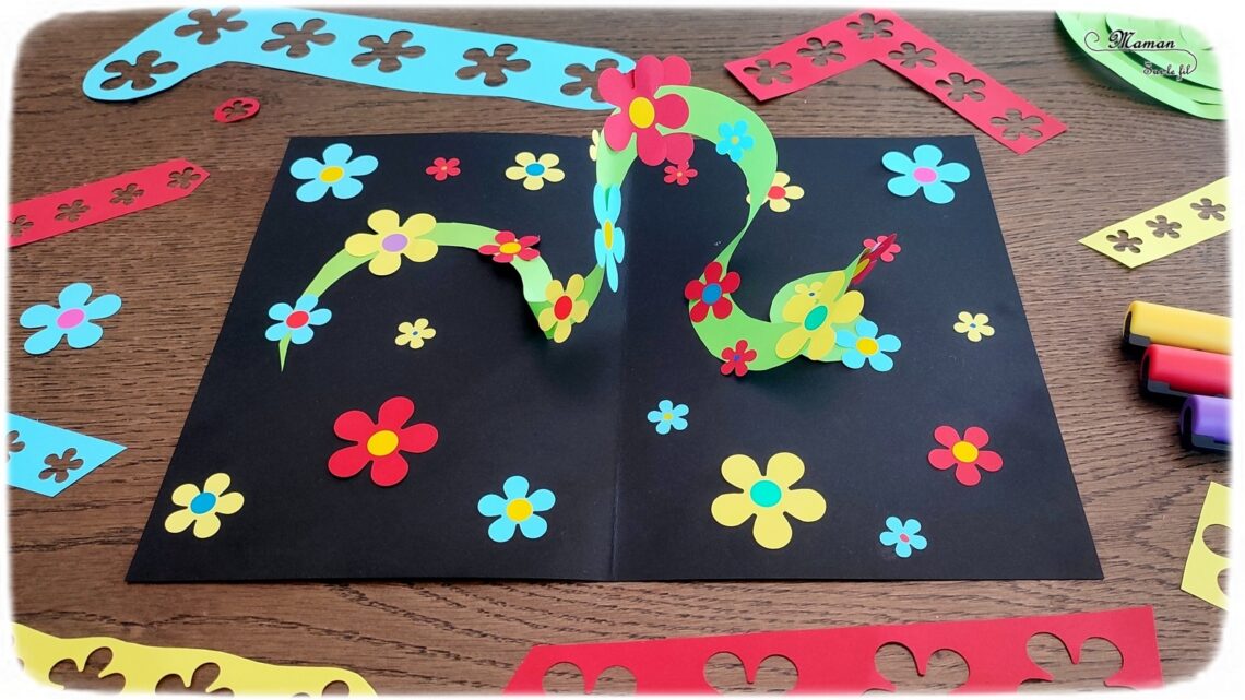 Créer une carte fleurs Surprise et pop-up : une activité créative et manuelle enfants - Bricolage avec découpage, collage, gommettes et perforatrices - Carte en relief et Cadeau à offrir pour fête des mères, mamans, pères, grands-mères, parents... - Bricolage facile et original pour le printemps ou un thème sur les fleurs - Carte pour la fin d'année - Arts visuels Maternelle et élémentaire - Créativité - Cycle 1 ou 2 - Tutoriel Photos et vidéo - mslf