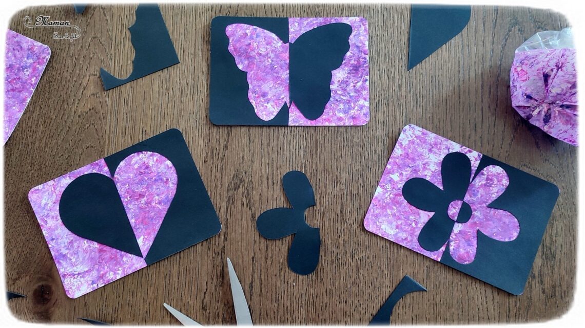 Créer des cartes symétriques Positif / Négatif : une activité créative et manuelle enfants - Technique de peinture avec un sac congélation et une bille pour le fond - Contraste couleurs et papier noir - Découpage et collage pour aborder la symétrie et la géométrie - Cadeau à offrir pour fête des mères, pères, grands-mères, parents... - Saint-valentin et coeurs - Animaux, insectes, papillons, fleurs, printemps - Bricolage facile et original pour le printemps ou un thème sur les fleurs - Arts visuels Maternelle et élémentaire - Créativité - Cycle 1 ou 2 - Tutoriel Photos - mslf