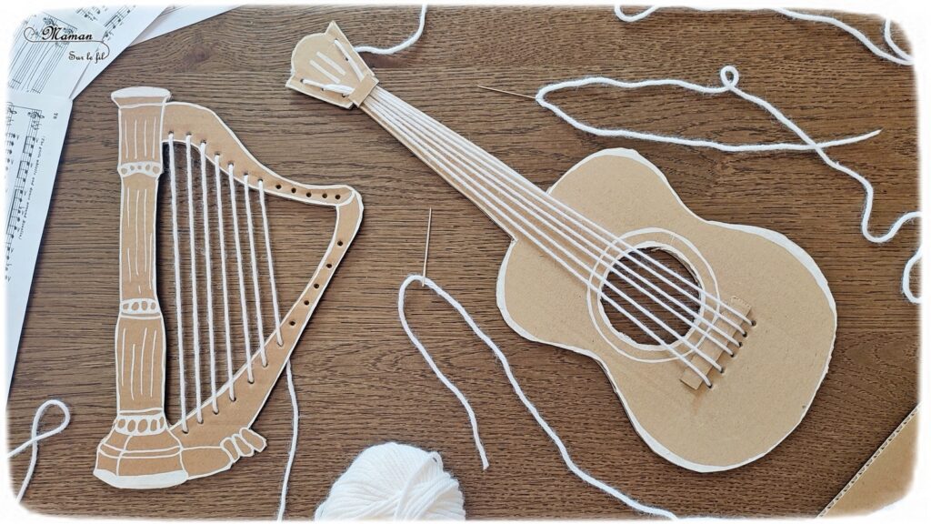 Activité créative et manuelle enfants - Fabriquer des instruments de musique à tisser - Harpe et guitare en carton et cordes tissées avec de la laine - Récup, recyclage, surcyclage - Découpage, bricolage, jeu DIY - Motricité fine -  Bricolage facile et rapide pour  un thème sur la fête de la musique - Arts visuels et atelier Maternelle et élémentaire - Créativité - Cycle 1 ou 2 - tutoriel photos - mslf