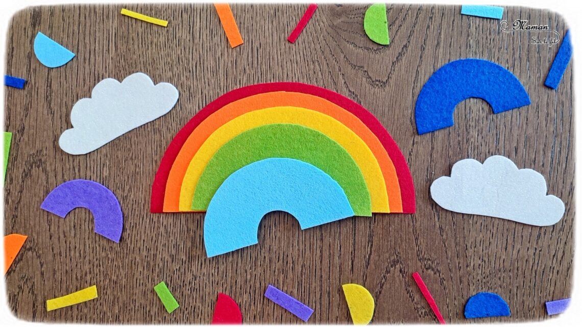 Activité créative, manuelle et pédagogique enfants - Puzzle Arc-en-ciel en feutrine - Association couleurs et / ou rangement par taille, logique - Couleurs - Nuages brillants - Cercles et compas - Découpage, jeu DIY - Bricolage facile et rapide pour un thème sur la météo, le ciel, le printemps ou l'été - Arts visuels et atelier Maternelle et élémentaire - Créativité - Cycle 1 ou 2 - tutoriel photos - mslf