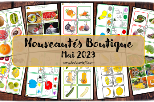 Nouveautés mai 2023 - Boutique en ligne Ludo sur le fil - fichiers jeux pdf à télécharger et imprimer ou jeux imprimés envoyés à domicile - printemps, alimentation, fruits et légumes - cartes à pince, couleurs, association photos et dessins, extérieur et intérieur, aliments entiers et coupés, lecture, jeux, activités - atelier autocorrectif multi niveaux donc progressif - Vocabulaire, lexique - Maternelle Cycle 2 - Autonomie - mslf