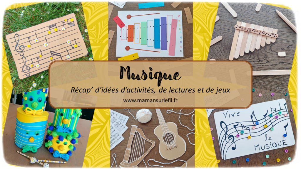 Récapitulatif Musique - idées activités lectures jeux sur un thème donné - différents types d'activités : sensorielles, créatives, manuelles, bricolages, récup, graphisme, jeux DIY, peinture... - jeux à imprimer - Fête de la musique - Instruments, partitions, notes de musique, musiciens, compositeurs, danse, carnaval - arts visuels - littérature jeunesse - jeux de société - récap sur le fil - mslf