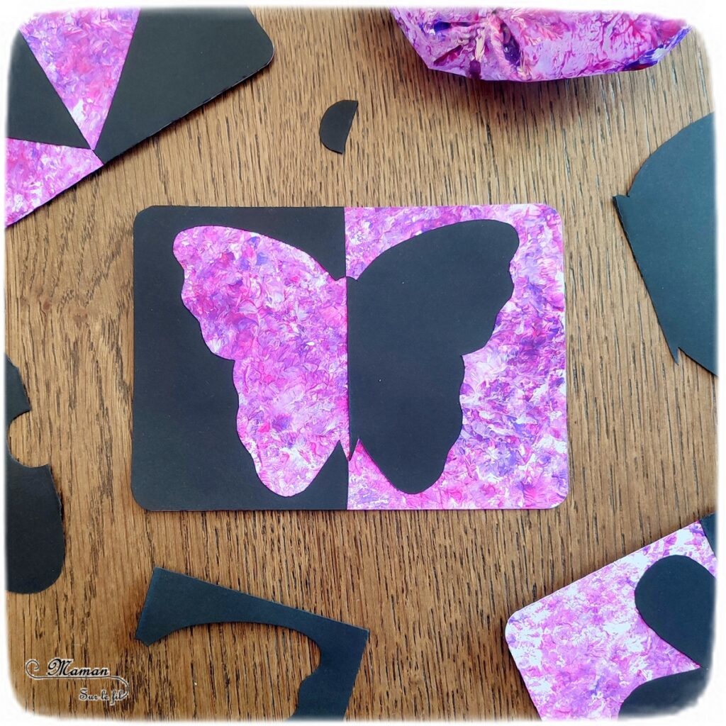 Créer des cartes symétriques Positif / Négatif : une activité créative et manuelle enfants - Technique de peinture avec un sac congélation et une bille pour le fond - Contraste couleurs et papier noir - Découpage et collage pour aborder la symétrie et la géométrie - Cadeau à offrir pour fête des mères, pères, grands-mères, parents... - Saint-valentin et coeurs - Animaux, insectes, papillons, fleurs, printemps - Bricolage facile et original pour le printemps ou un thème sur les fleurs - Arts visuels Maternelle et élémentaire - Créativité - Cycle 1 ou 2 - Tutoriel Photos - mslf