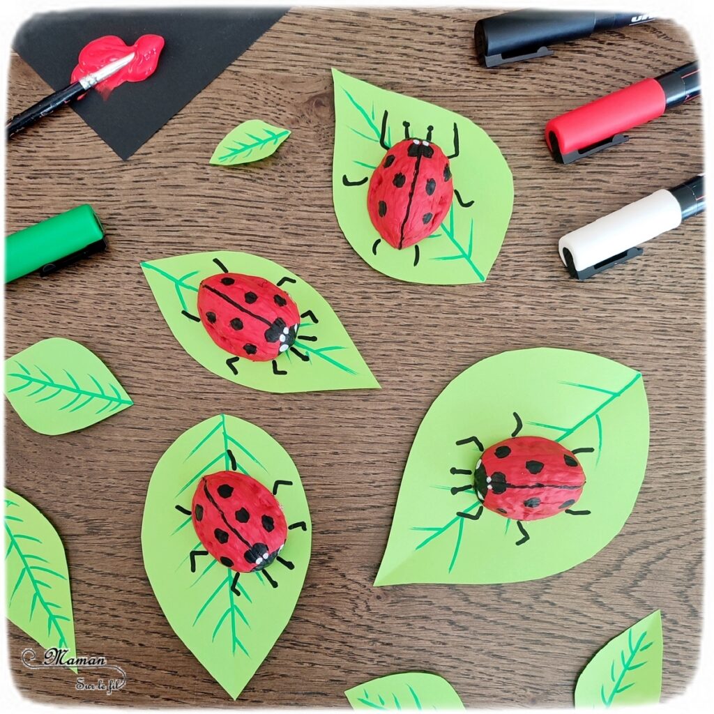 Activité créative et manuelle enfants - Fabriquer des coccinelles avec des coquilles de noix - Bricolage Récup', Nature, Land art, peinture et Dessin - Découpage feuilles en papier - recyclage, surcyclage - Bricolage facile et rigolo pour le printemps ou un thème sur les insectes, petites bêtes et animaux - Arts visuels Maternelle et élémentaire - Créativité - Cycle 1 ou 2 - Tutoriel Photos - mslf