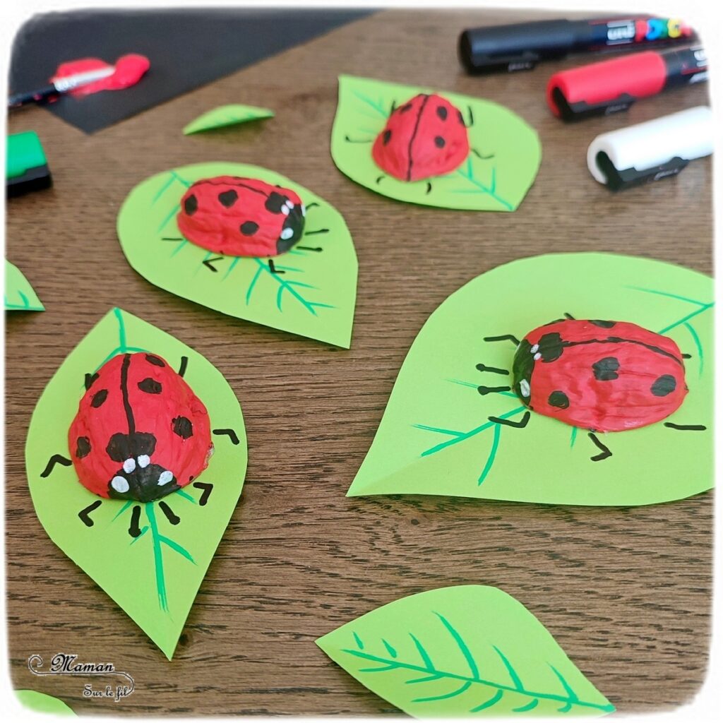 Activité créative et manuelle enfants - Fabriquer des coccinelles avec des coquilles de noix - Bricolage Récup', Nature, Land art, peinture et Dessin - Découpage feuilles en papier - recyclage, surcyclage - Bricolage facile et rigolo pour le printemps ou un thème sur les insectes, petites bêtes et animaux - Arts visuels Maternelle et élémentaire - Créativité - Cycle 1 ou 2 - Tutoriel Photos - mslf