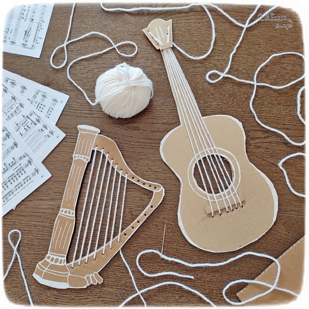 Activité créative et manuelle enfants - Fabriquer des instruments de musique à tisser - Harpe et guitare en carton et cordes tissées avec de la laine - Récup, recyclage, surcyclage - Découpage, bricolage, jeu DIY - Motricité fine - Bricolage facile et rapide pour un thème sur la fête de la musique - Arts visuels et atelier Maternelle et élémentaire - Créativité - Cycle 1 ou 2 - tutoriel photos - mslf