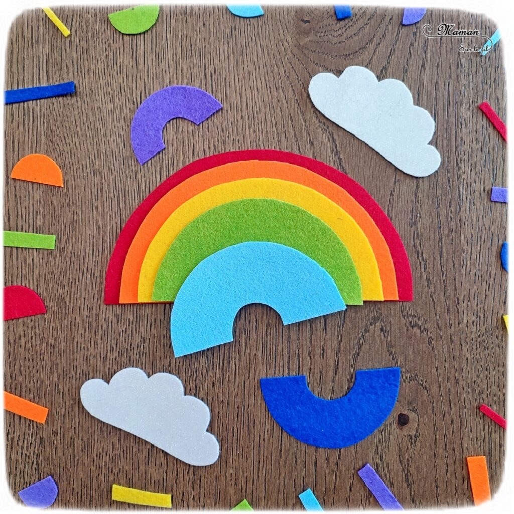 Activité créative, manuelle et pédagogique enfants - Puzzle Arc-en-ciel en feutrine - Association couleurs et / ou rangement par taille, logique - Couleurs - Nuages brillants - Cercles et compas - Découpage, jeu DIY - Bricolage facile et rapide pour un thème sur la météo, le ciel, le printemps ou l'été - Arts visuels et atelier Maternelle et élémentaire - Créativité - Cycle 1 ou 2 - tutoriel photos - mslf