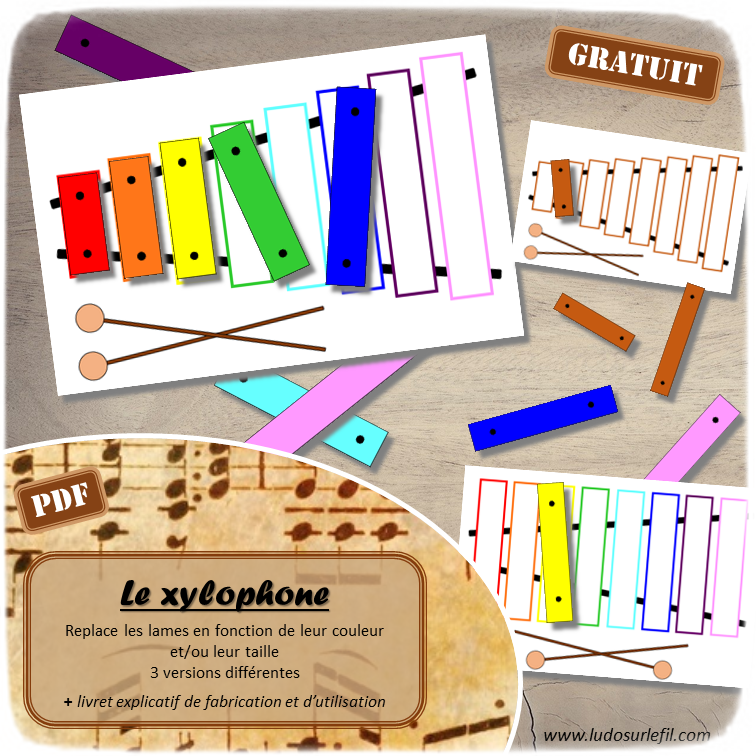 Le xylophone - Remets les lames au bon endroit en fonction de leur couleur et leur taille - Puzzle sur le thème de la musique - Différents niveaux - Association de couleurs et rangement par taille - Thème Instruments de musique - Fête de la musique - Jeu PDF gratuit à télécharger et à imprimer - atelier maternelle autocorrectif et autonome - lslf