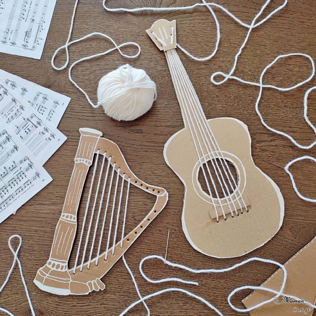 Activité créative et manuelle enfants - Fabriquer des instruments de musique à tisser - Harpe et guitare en carton et cordes tissées avec de la laine - Récup, recyclage, surcyclage - Découpage, bricolage, jeu DIY - Motricité fine - Bricolage facile et rapide pour un thème sur la fête de la musique - Arts visuels et atelier Maternelle et élémentaire - Créativité - Cycle 1 ou 2 - tutoriel photos - mslf