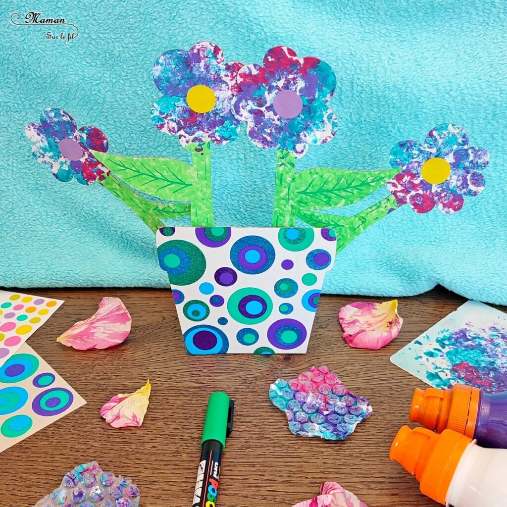 Pot de fleurs en carton à décorer : une activité créative et manuelle enfants - Peinture au papier froissé et au papier bulles, gommettes - Cadeau à offrir pour fête des mères, pères, grands-mères, parents... - Bricolage facile et original pour la fin d'année, le printemps ou un thème sur les fleurs - Arts visuels Maternelle et élémentaire - Créativité - Objet à fabriquer et décorer - Cycle 1 ou 2 - Tutoriel Photos - mslf