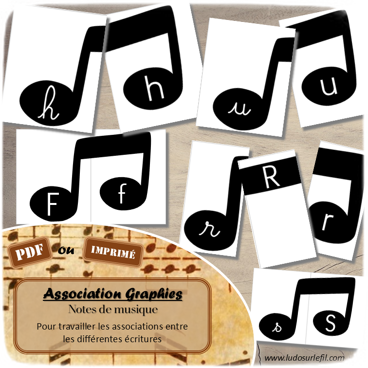 Jeu d'association différentes graphies des lettres - Notes de musique - pour un thème sur la fête de la musique ou l'été - Ecritures majuscule et minuscule script et minuscule cursif - Ordre alphabétique - Alphabet - Atelier autonome maternelle - IEF - PDF à télécharger et imprimer ou jeu imprimé - version cartes facile à découper - Puzzles Association double croches - Français - lslf