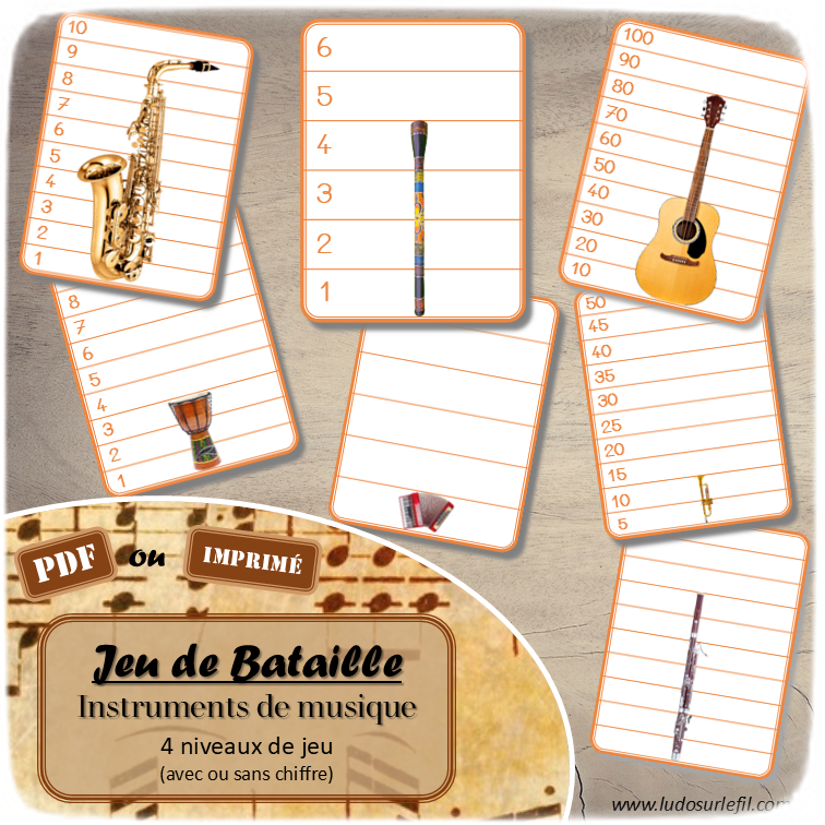 Jeu de bataille - Instruments de musique - Comparaison de taille et de chiffres et nombres - 4 niveaux - avec ou sans chiffre - de 1 à 6 - de 1 à 10 - de 5 à 50 de 5 en 5 - de 10 à 100 de 10 en 10 - Progressif - Classement par ordre croissant - Rangement - Tri taille - Reconnaissance Chiffres - à télécharger et à imprimer ou jeu imprimé - Atelier maternelle et Cycle 2 - Vocabulaire Instruments de musique, à vent, à percussions, à cordes... - Thème Fête de la musique, été - lslf