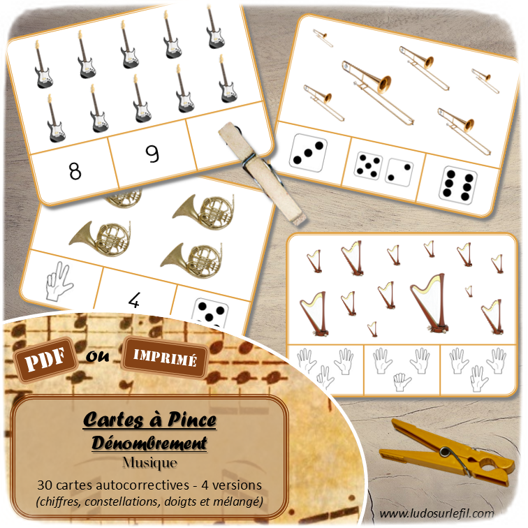 Jeu de cartes à pince de dénombrement de 1 à 15 - Thème Instruments de musique - 30 cartes autocorrectives avec différentes représentations des nombres - constellations du dé, chiffres, doigts de la main, mélangé - compter de 1 à 15 - 120 cartes réparties en 4 niveaux de difficulté - progressif - Autocorrection au dos - Atelier autonome maternelle ou élémentaire - Cycles 1 et 2 - Document PDF à télécharger et imprimer ou jeu imprimé - Motricité fine et pince Pouce-Index avec pinces à linge - ludique - Thème Instruments de musique, fête de la musique, été - lslf