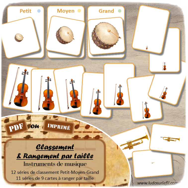Jeu de classement, de rangement et de tri par taille - Instruments de musique - Cartes à trier, à classer et à ranger - Petit Moyen Grand - Instruments de musique, fête de la musique, été - fichier PDF à télécharger et à imprimer ou jeu imprimé - atelier autocorrectif maternelle et pré-scolaire - lslf