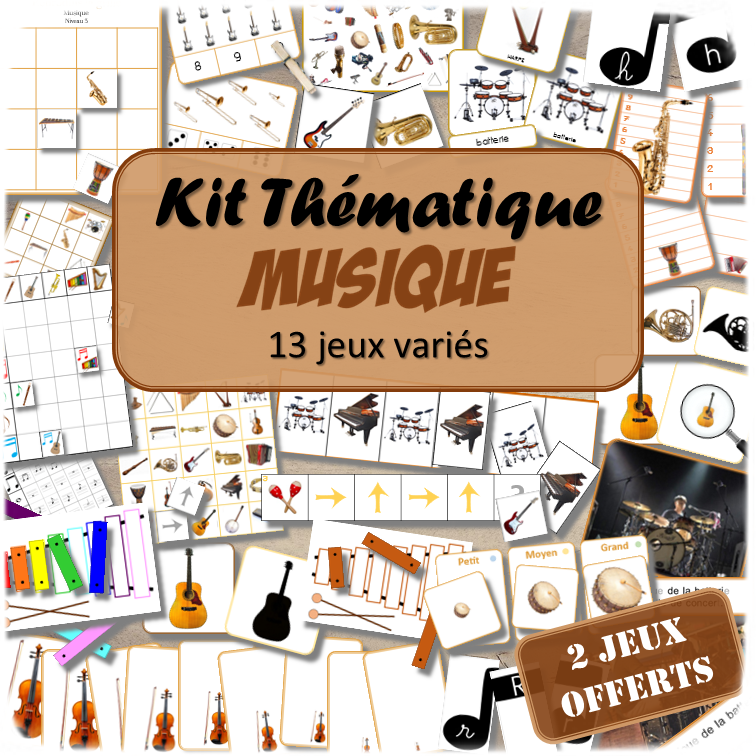 Kit thématique - Musique - 13 jeux variés pour le prix de 11 - 2 jeux offerts - Jeux pédagogiques, éducatifs et ludiques - Atelier autonome Maternelle (Cycle 1) et Primaire (Cycle 2 et 3) - PDF à télécharger et à imprimer - Difficulté progressive et différents niveaux pour la différenciation - Tarif préférentiel, réduction - Thèmes fête de la musique, instruments de musique, notes de musique, été - lslf
