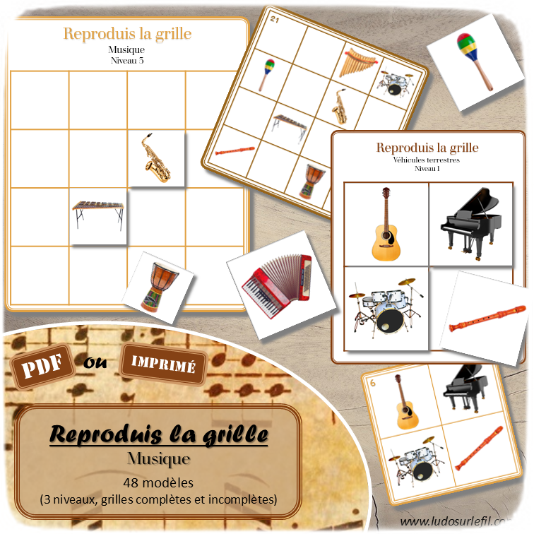 Reproduis la grille - Instruments de musique - 48 modèles à reproduire - Repérage dans l'espace et vocabulaire spatial - Variante pour travailler la mémoire - Variante à deux pour le langage oral - Dicte, décris la grille pour que l'autre jouer la reproduise - jeu et atelier autonome Maternelle (Cycle 1) et Primaire (Cycle 2) - PDF à télécharger et à imprimer ou jeu imprimé - difficulté progressive - repérage spatial - se repérer dans une grille, dans un tableau - Thème Instruments, fête de la musique, été - lslf