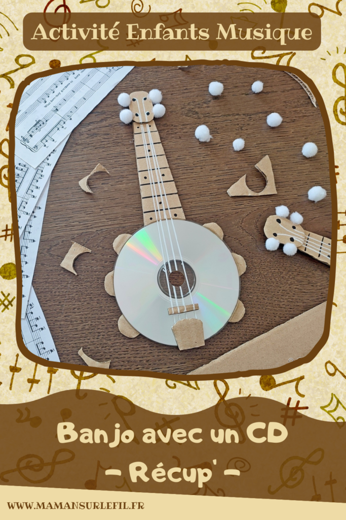 Activité créative et manuelle enfants - Fabriquer des banjos avec des CD et du carton - Bricolage récup' avec des pompons - Récup, recyclage, surcyclage - Découpage, bricolage, collage - Bricolage facile et rapide pour un thème sur la fête de la musique - Arts visuels et atelier Maternelle et élémentaire - Créativité - Cycle 1 ou 2 - tutoriel photos - mslf