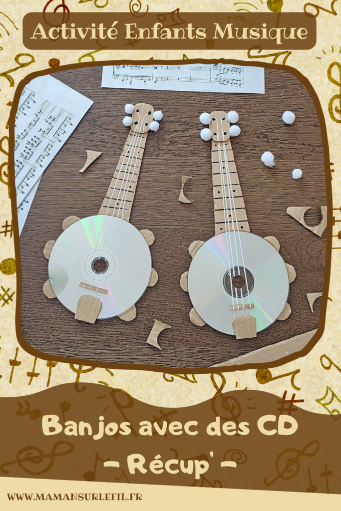 Activité créative et manuelle enfants - Fabriquer des banjos avec des CD et du carton - Bricolage récup' avec des pompons - Récup, recyclage, surcyclage - Découpage, bricolage, collage - Bricolage facile et rapide pour un thème sur la fête de la musique - Arts visuels et atelier Maternelle et élémentaire - Créativité - Cycle 1 ou 2 - tutoriel photos - mslf