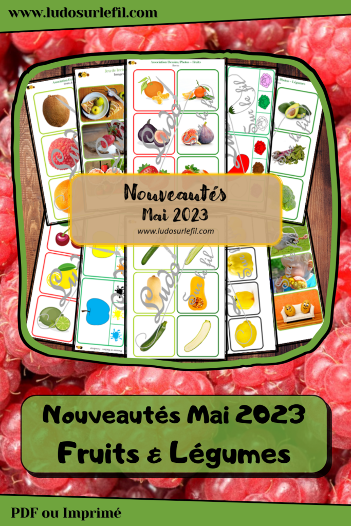 Nouveautés mai 2023 - Boutique en ligne Ludo sur le fil - fichiers jeux pdf à télécharger et imprimer ou jeux imprimés envoyés à domicile - printemps, alimentation, fruits et légumes - cartes à pince, couleurs, association photos et dessins, extérieur et intérieur, aliments entiers et coupés, lecture, jeux, activités - atelier autocorrectif multi niveaux donc progressif - Vocabulaire, lexique - Maternelle Cycle 2 - Autonomie - mslf