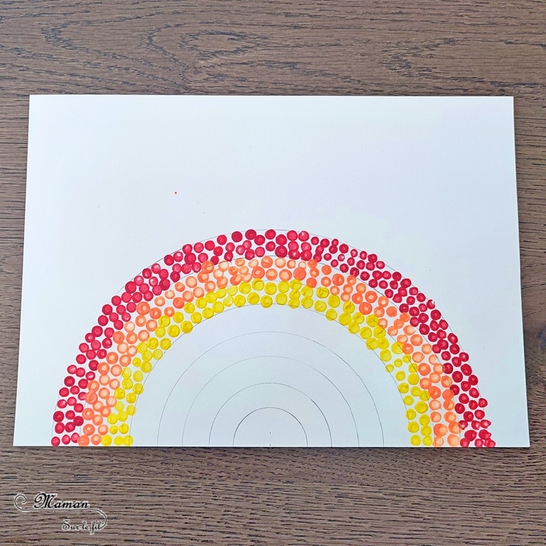 Activité créative, manuelle et peinture enfants - Arc-en-ciel peint avec des cotons-tiges - Technique de peinture rigolote avec coton-tige - Précision et patience - Travail autour des Couleurs, géométrie et compas - Bricolage facile pour un thème sur la météo, le ciel, le printemps ou l'été - Arts visuels et atelier Maternelle et élémentaire - Créativité - Cycle 1 ou 2 - tutoriel photos - mslf