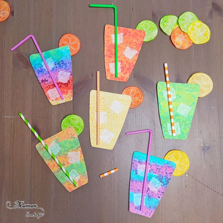 Activité créative et manuelle enfants - Créer des cocktails de fruits estivaux et colorés - Plusieurs techniques de peinture - Encre et gros sel pour les bulles, éponge pour les glaçons, filtre à café pour les rondelles de citrons et oranges - Découpage, collage de pailles - Couleurs et Arc-en-ciel - Dessin - Fruits d'été et tropicaux - Bricolage facile et rapide pour un thème sur les aliments, les boissons les fruits ou l'été - Tropiques et tropical - Arts visuels et atelier Maternelle et élémentaire - Créativité - Cycle 1 ou 2 - tutoriel photos - mslf