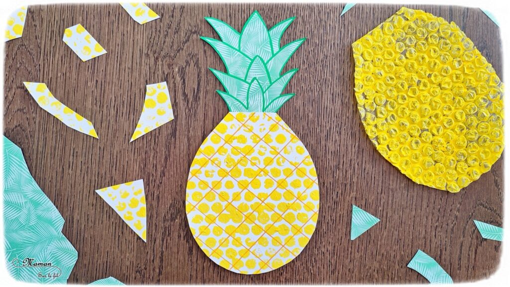 Activité créative et manuelle enfants - Peindre un ananas avec du papier bulles - Technique de peinture rigolote - Découpage, dessin, utilisation de la règle - Fruits d'été et tropicaux - Bricolage facile et rapide pour un thème sur les aliments, les fruits ou l'été - Tropiques et tropical - Arts visuels et atelier Maternelle et élémentaire - Créativité - Cycle 1 ou 2 - tutoriel photos - mslf