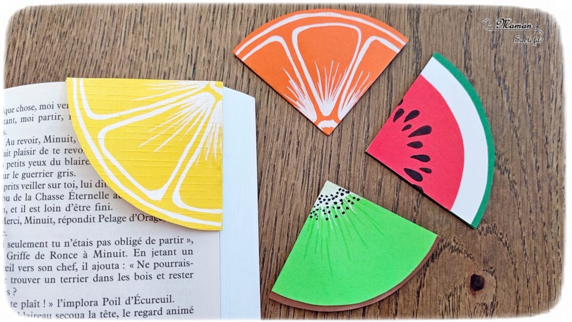 Activité créative et manuelle enfants - Fabriquer des marque-pages Fruits d'été - Pastèque, citron, orange et kiwi - Bricolage, cadeau parfait à offrir pour les lectures d'été et de vacances - Utilisation de chutes de papier, géométrie, découpage, collage - Dessins et graphismes - Bricolage facile et rapide pour un thème sur les aliments, les fruits ou l'été - Arts visuels et atelier Maternelle et élémentaire - Créativité - Cycle 1 ou 2 - tutoriel photos - mslf