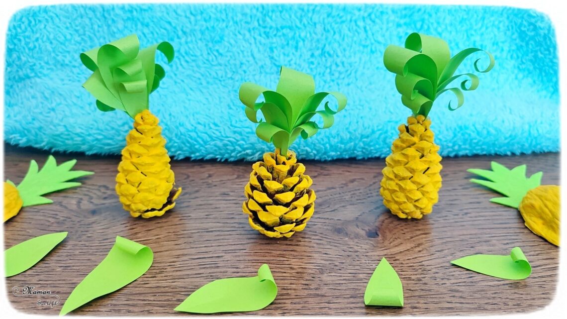 Activité créative, manuelle et récup' enfants - Fabriquer des ananas avec des pommes de pin - Recyclage et surcyclage de pommes de pin - Peinture, découpage, collage papier - Décoration tropicale - Nature - Fruits d'été et exotiques - Tropiques - Bricolage facile et rapide pour un thème sur les aliments, les fruits ou l'été - Arts visuels et atelier Maternelle et élémentaire - Créativité - Cycle 1 ou 2 - tutoriel photos - mslf