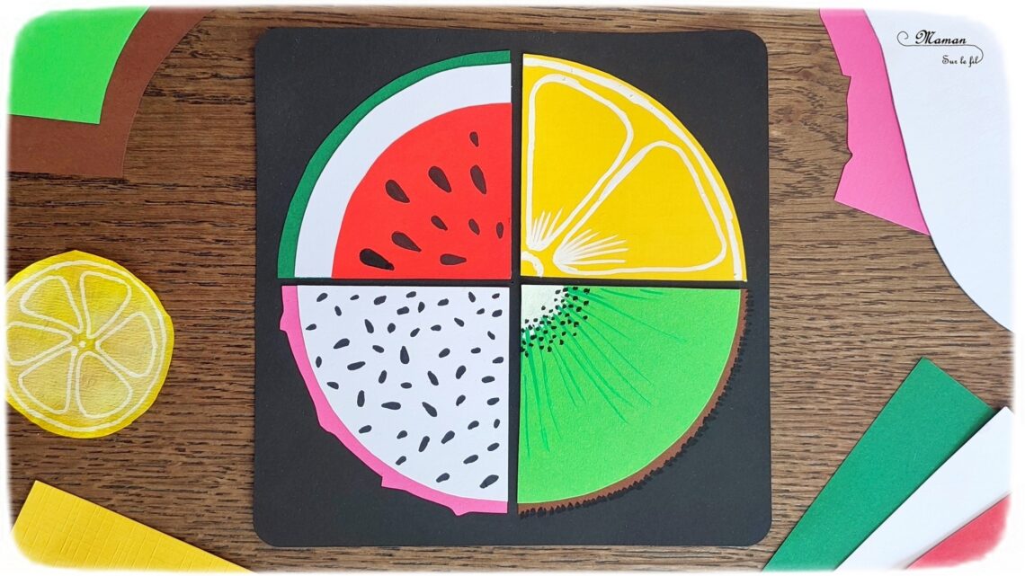 Activité créative et manuelle enfants - Créer quatre quarts de fruits d'été - Pastèque, citron, fruit du dragon et kiwi - Fractions, utilisation du compas, cercles - Géométrie, découpage, collage - Dessins et graphismes au feutre fin - Bricolage facile et rapide pour un thème sur les aliments, les fruits ou l'été - Arts visuels et atelier Maternelle et élémentaire - Créativité - Cycle 1 ou 2 - tutoriel photos - mslf