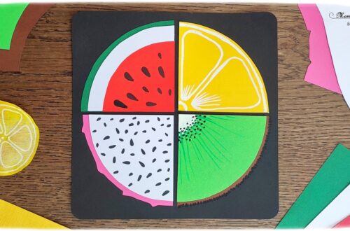 Activité créative et manuelle enfants - Créer quatre quarts de fruits d'été - Pastèque, citron, fruit du dragon et kiwi - Fractions, utilisation du compas, cercles - Géométrie, découpage, collage - Dessins et graphismes au feutre fin - Bricolage facile et rapide pour un thème sur les aliments, les fruits ou l'été - Arts visuels et atelier Maternelle et élémentaire - Créativité - Cycle 1 ou 2 - tutoriel photos - mslf