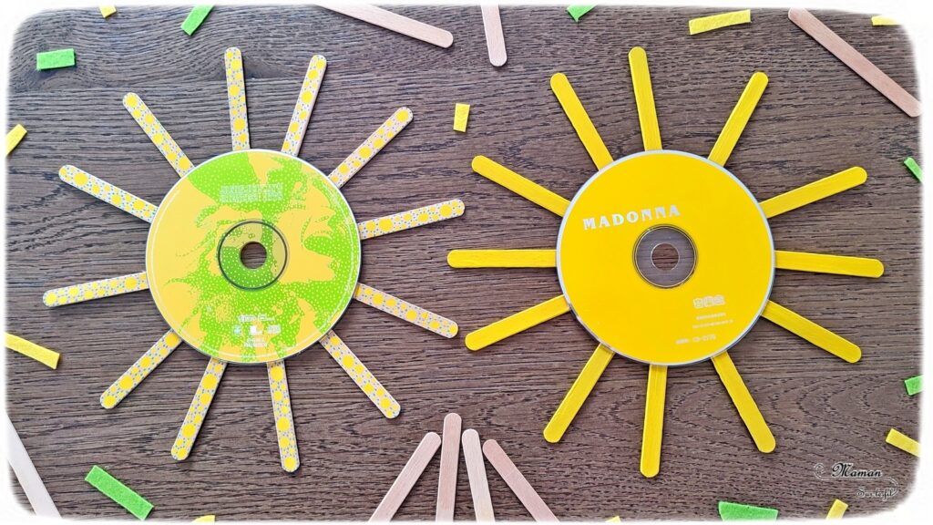 Activité créative, manuelle et récup' enfants - Fabriquer un soleil avec un CD et des bâtonnets de glace en bois - Bricolage, Peinture, Graphismes, Dessin, Points, Collage - Recyclage, Surcyclage - Bricolage facile et rapide pour un thème sur la météo, le ciel ou l'été - Arts visuels et atelier Maternelle et élémentaire - Créativité - Cycle 1 ou 2 - tutoriel photos - mslf