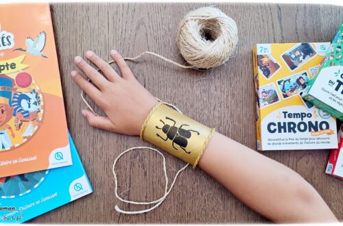 Activité créative et manuelle enfants - Jeux et cahiers d'activités Quelle Histoire pour découvrir et apprendre l'histoire - Fabriquer un bracelet égyptien en récup' - Rouleau de papier toilette, PQ, peinture dorée, dessin de scarabée - 3 jeux géniaux et ludiques pour apprendre l'histoire en s'amusant : 7 familles des grandes civilisations, Cherche et Trouve Personnages et bijoux historiques et Tempo Chrono (frise chronologique et événements) - Egypte et Afrique - Cycles 2 et 3 - 7 ans et plus - jeux pédagogiques et éducatifs - avis - mslf