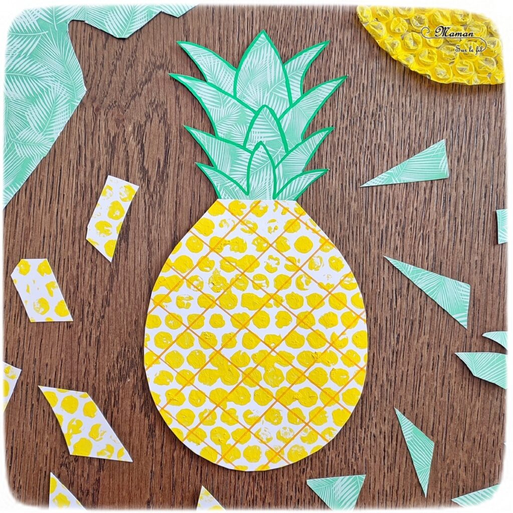 Activité créative et manuelle enfants - Peindre un ananas avec du papier bulles - Technique de peinture rigolote - Découpage, dessin, utilisation de la règle - Fruits d'été et tropicaux - Bricolage facile et rapide pour un thème sur les aliments, les fruits ou l'été - Tropiques et tropical - Arts visuels et atelier Maternelle et élémentaire - Créativité - Cycle 1 ou 2 - tutoriel photos - mslf