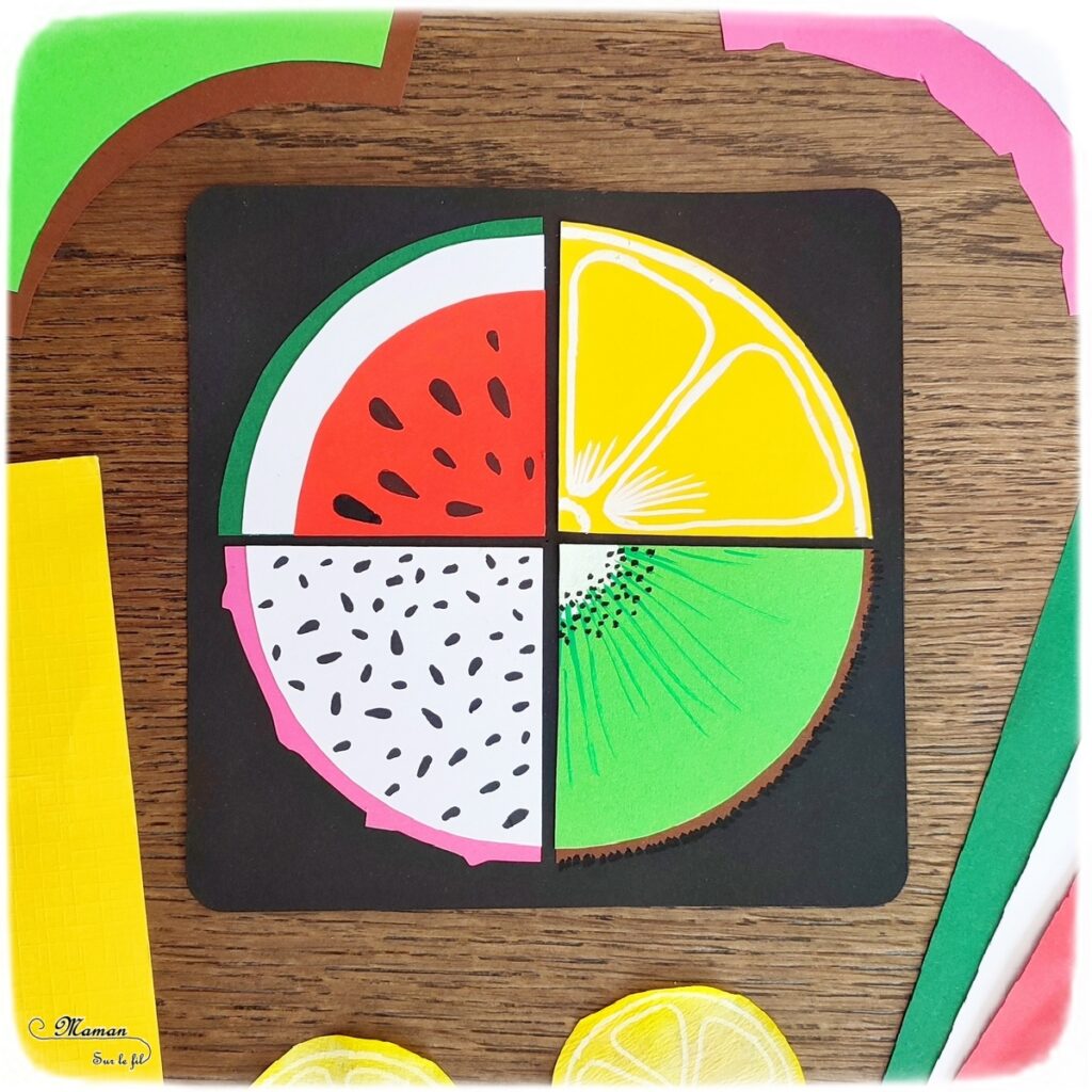 Activité créative et manuelle enfants - Créer quatre quarts de fruits d'été - Pastèque, citron, fruit du dragon et kiwi - Fractions, utilisation du compas, cercles - Géométrie, découpage, collage - Dessins et graphismes au feutre fin - Bricolage facile et rapide pour un thème sur les aliments, les fruits ou l'été - Arts visuels et atelier Maternelle et élémentaire - Créativité - Cycle 1 ou 2 - tutoriel photos - mslf