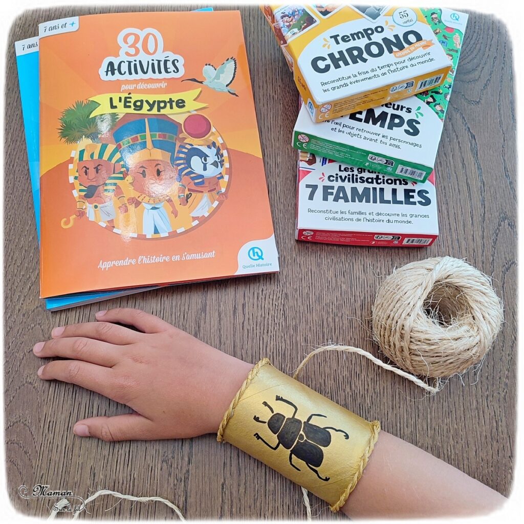 Activité créative et manuelle enfants - Jeux et cahiers d'activités Quelle Histoire pour découvrir et apprendre l'histoire - Fabriquer un bracelet égyptien en récup' - Rouleau de papier toilette, PQ, peinture dorée, dessin de scarabée - 3 jeux géniaux et ludiques pour apprendre l'histoire en s'amusant : 7 familles des grandes civilisations, Cherche et Trouve Personnages et bijoux historiques et Tempo Chrono (frise chronologique et événements) - Egypte et Afrique - Cycles 2 et 3 - 7 ans et plus - jeux pédagogiques et éducatifs - avis - mslf