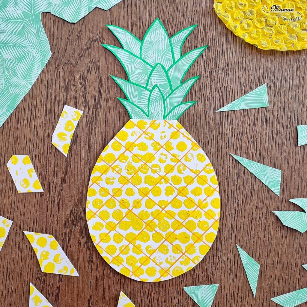 Activité créative et manuelle enfants - Peindre un ananas avec du papier bulles - Technique de peinture rigolote - Découpage, dessin, utilisation de la règle - Fruits d'été et tropicaux - Bricolage facile et rapide pour un thème sur les aliments, les fruits ou l'été - Tropiques et tropical - Arts visuels et atelier Maternelle et élémentaire - Créativité - Cycle 1 ou 2 - tutoriel photos - mslf