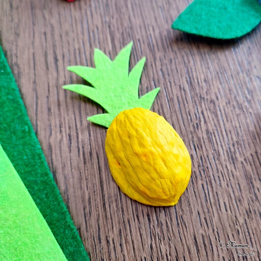 Activité créative, manuelle et récup' enfants - Fabriquer des ananas et des cerises avec des coquilles de noix - Recyclage et surcyclage - Peinture, découpage, collage feutrine et fils chenille - Décoration tropicale - Nature - Fruits d'été et exotiques - Tropiques - Bricolage facile et rapide pour un thème sur les aliments, les fruits ou l'été - Arts visuels et atelier Maternelle et élémentaire - Créativité - Cycle 1 ou 2 - tutoriel photos - mslf