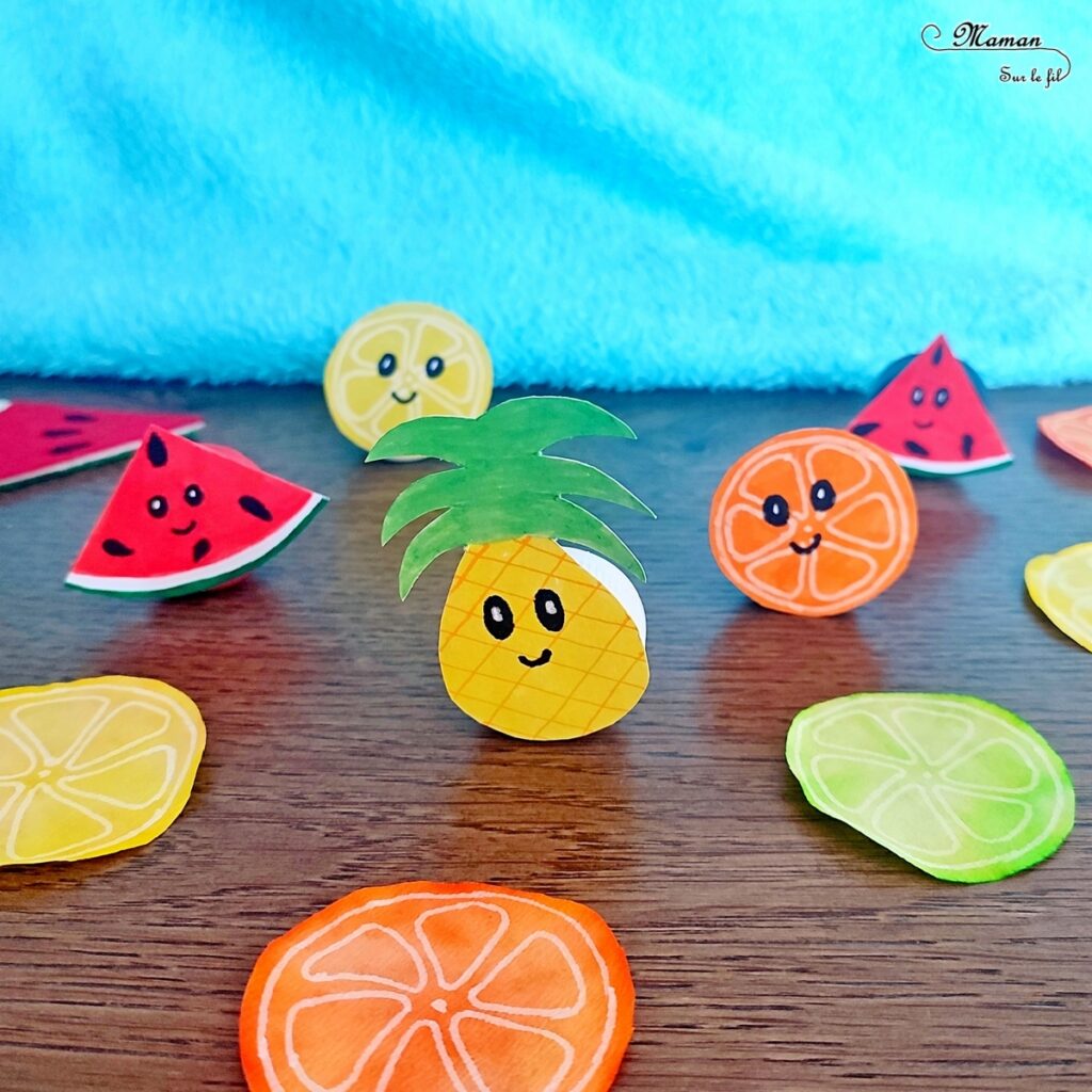 Activité créative et manuelle enfants - Mini fruits qui dansent - Balance, danse, swingue, culbuto - Bricolage facile et rigolo - Récup' de chutes de papier, découpage, collage, dessin - Fruits d'été : pastèque, citron, orange, ananas -Recyclage et surcyclage bouchons et billes - Aliments, fruits, tropical, exotique, été - Arts visuels Maternelle et élémentaire - Créativité - Cycle 1 ou 2 - mslf